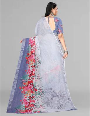 grey floral linen digital print saree (grey) 5