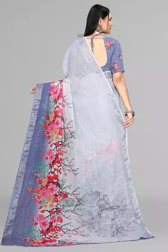 grey floral linen digital print saree (grey)