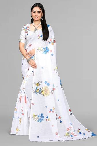 white  linen  digital print saree (white)