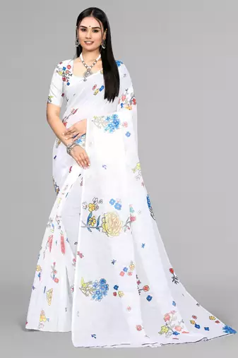 white  linen  digital print saree (white)