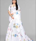 white  linen  digital print saree (white)