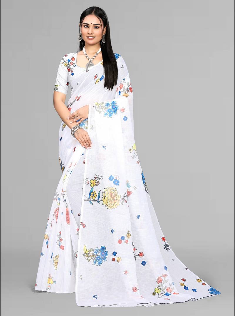 white  linen  digital print saree (white)