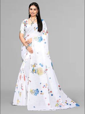 white  linen  digital print saree (white) 2