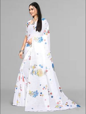 white  linen  digital print saree (white) 3
