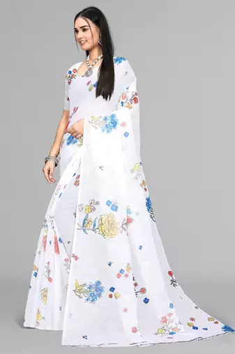 white  linen  digital print saree (white)