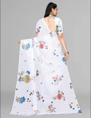 white  linen  digital print saree (white) 4