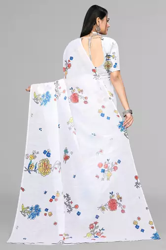 white  linen  digital print saree (white)