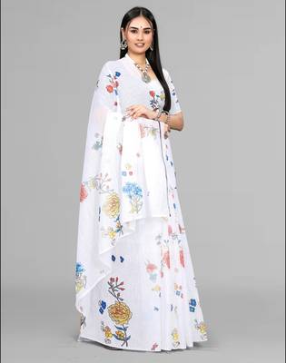 white  linen  digital print saree (white) 5