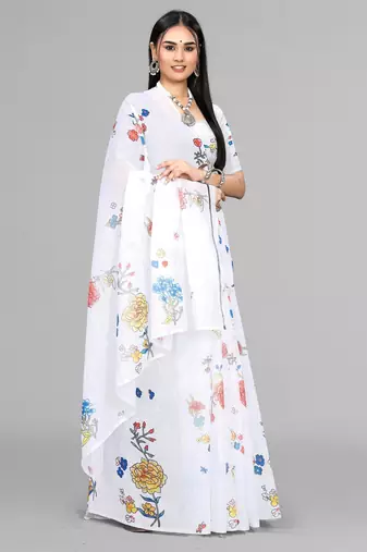 white  linen  digital print saree (white)