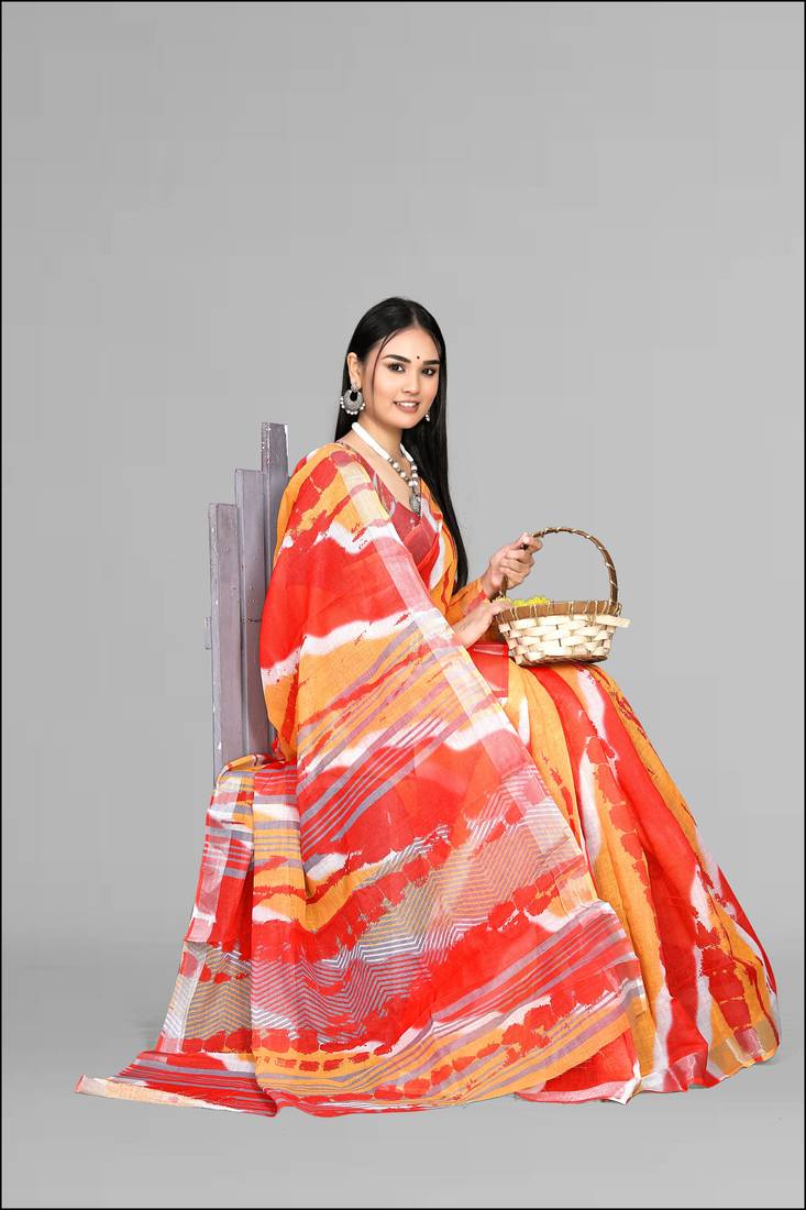 yellow multicolour digital print saree
