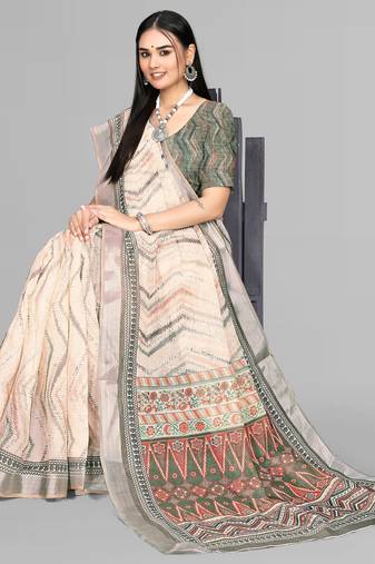 beige  linen  digital print saree (chicku)