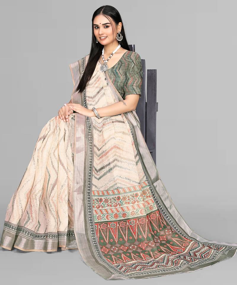 beige  linen  digital print saree (chicku)