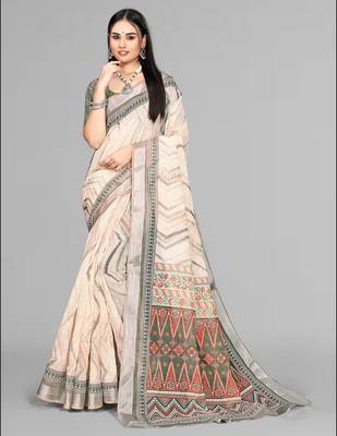 beige  linen  digital print saree (chicku) 3