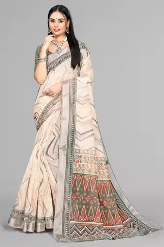 beige  linen  digital print saree (chicku)