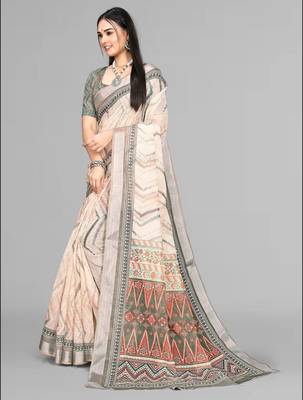 beige  linen  digital print saree (chicku) 4