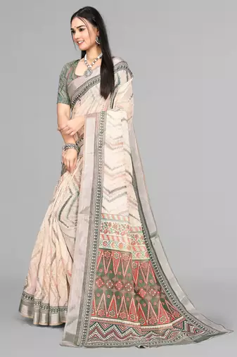 beige  linen  digital print saree (chicku)