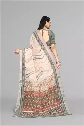beige  linen  digital print saree (chicku)