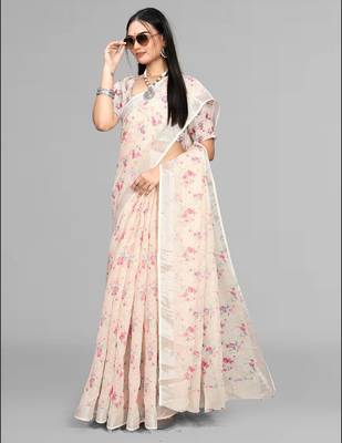 beige  linen  digital print saree (chicku) 1