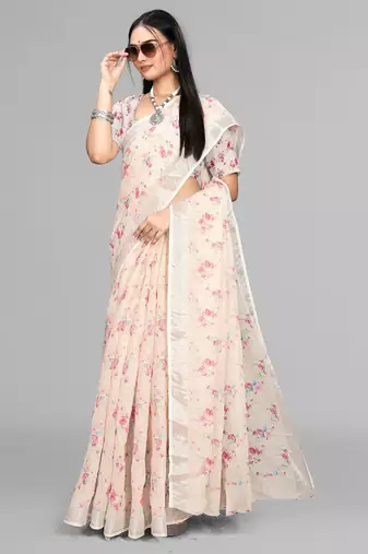 beige  linen  digital print saree (chicku)