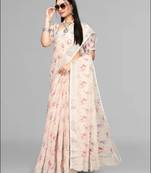 beige  linen  digital print saree (chicku)