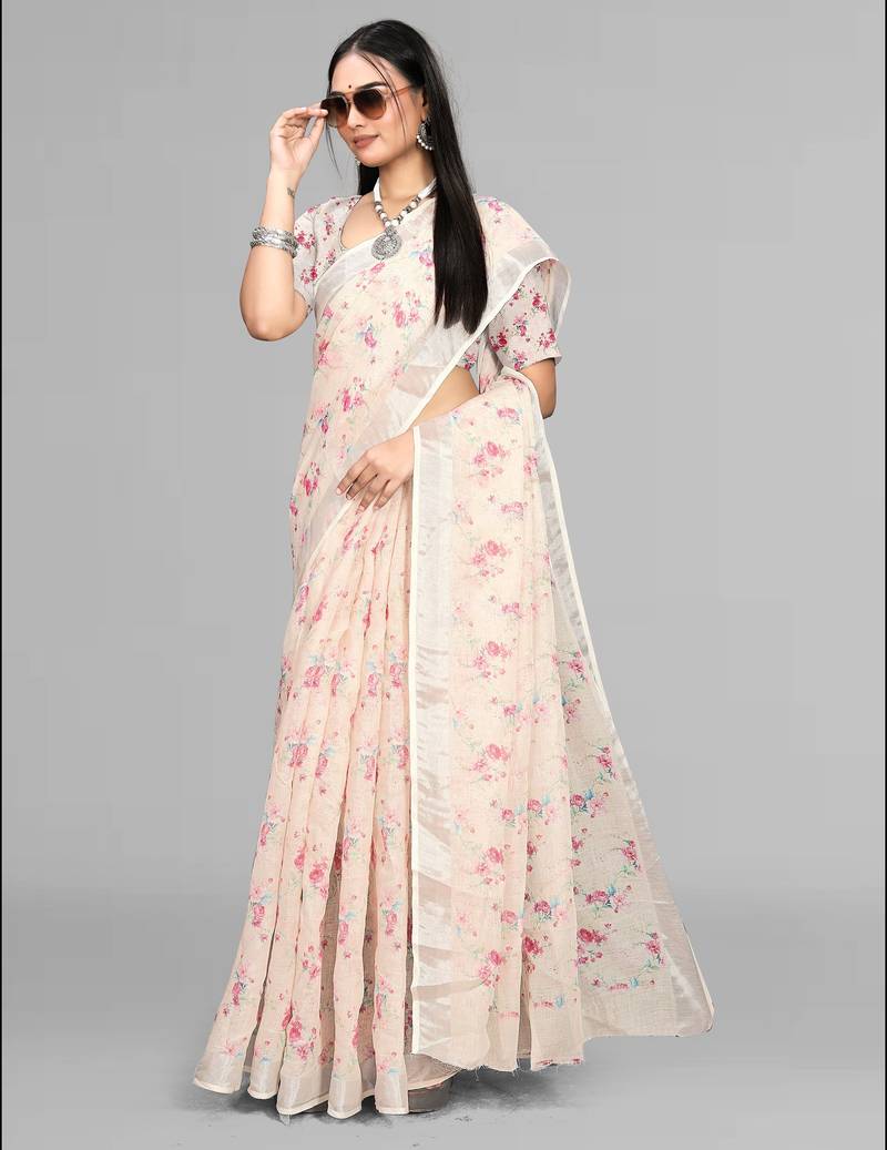 beige  linen  digital print saree (chicku)