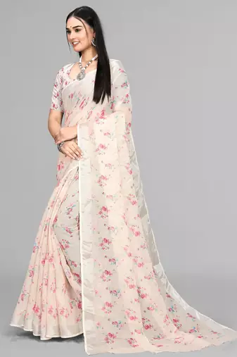 beige  linen  digital print saree (chicku)