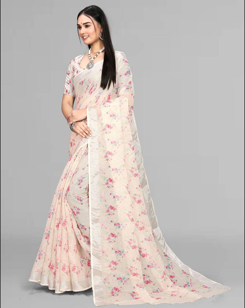 beige  linen  digital print saree (chicku)