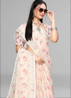 beige  linen  digital print saree (chicku) 4