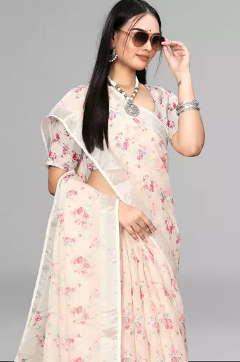 beige  linen  digital print saree (chicku)