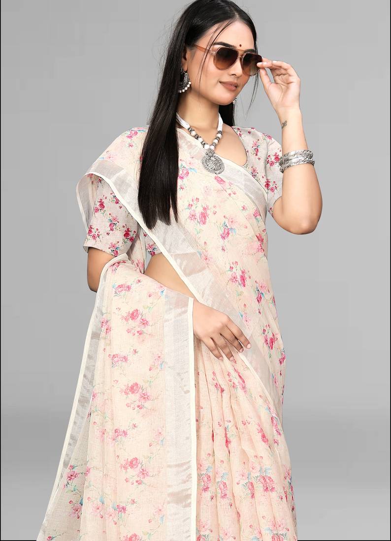 beige  linen  digital print saree (chicku)