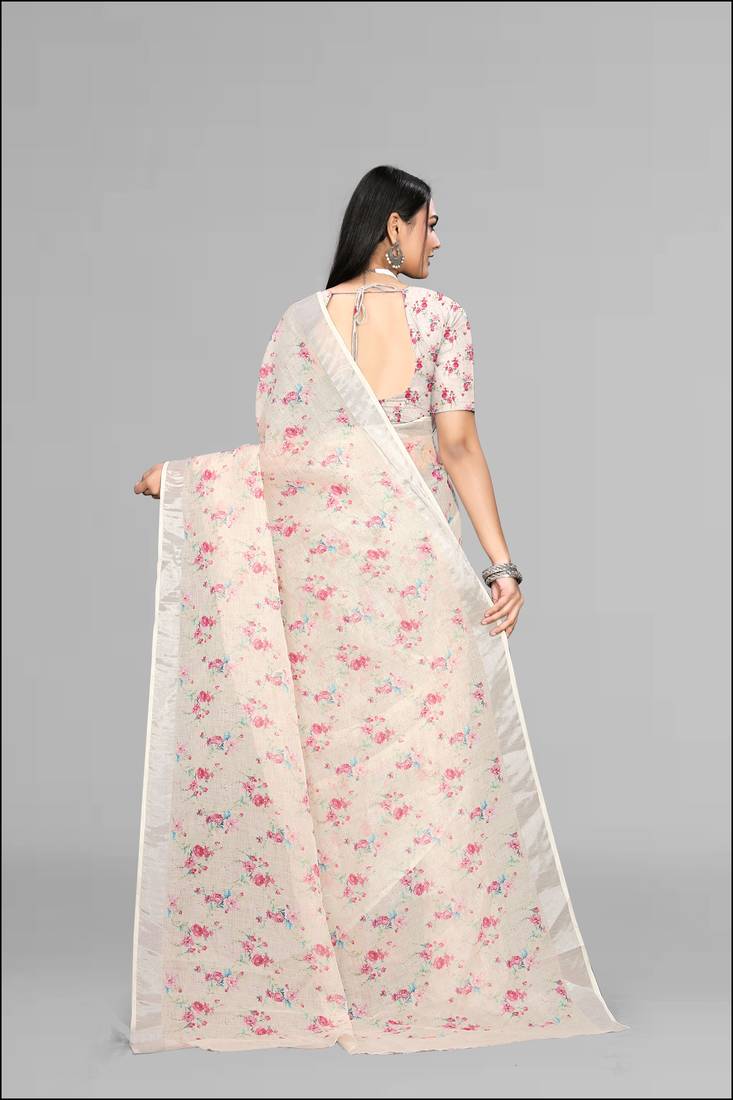 beige  linen  digital print saree (chicku)