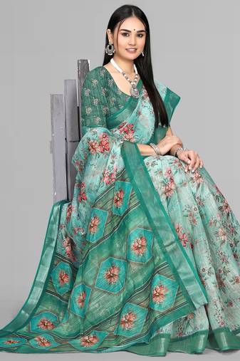 green  linen  digital print saree (green)
