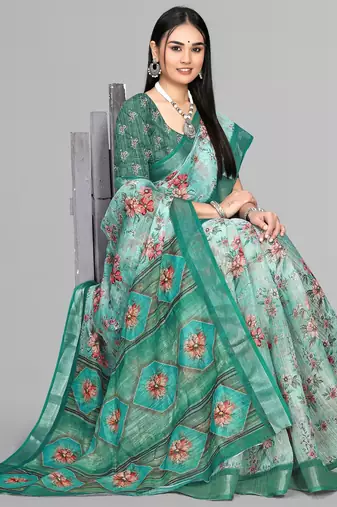 green  linen  digital print saree (green)