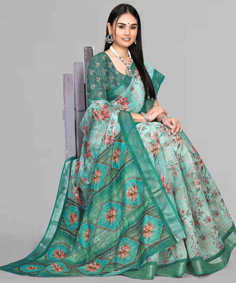 green  linen  digital print saree (green)