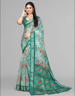green  linen  digital print saree (green) 3