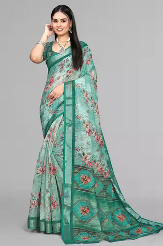 green  linen  digital print saree (green)