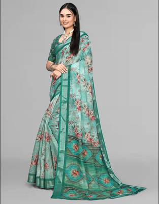 green  linen  digital print saree (green) 4