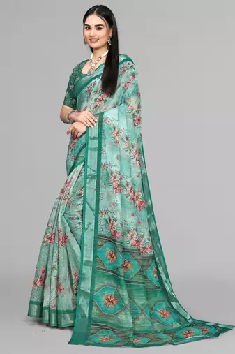 green  linen  digital print saree (green)