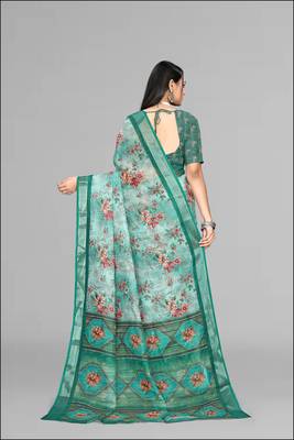 green  linen  digital print saree (green) 5