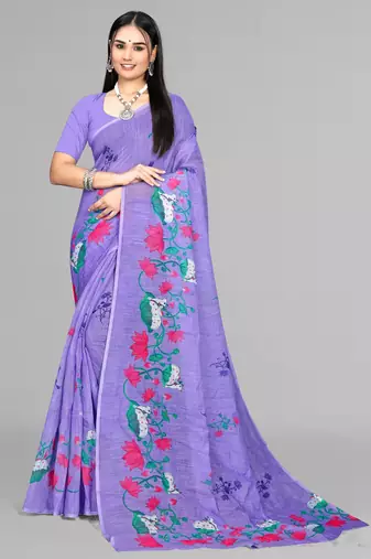 purple floral linen cotton digital print saree (purple)
