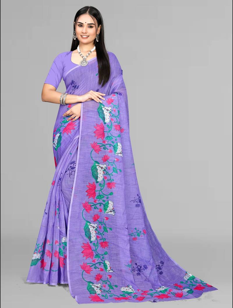 purple floral linen cotton digital print saree (purple)