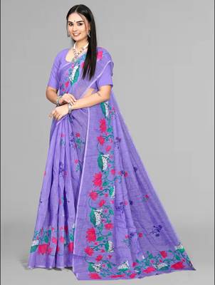 purple floral linen cotton digital print saree (purple) 3