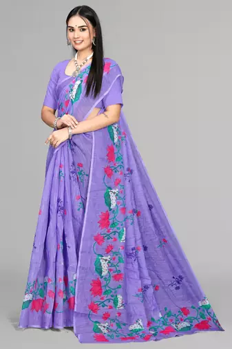 purple floral linen cotton digital print saree (purple)