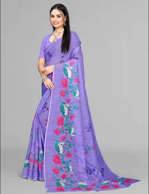 purple floral linen cotton digital print saree (purple) 4