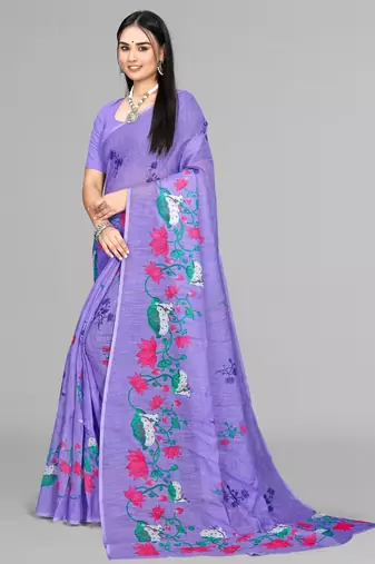 purple floral linen cotton digital print saree (purple)