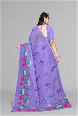 purple floral linen cotton digital print saree (purple) 5