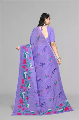 purple floral linen cotton digital print saree (purple)