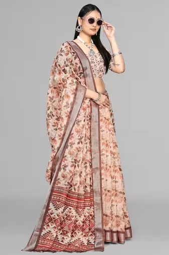 beige  linen  digital print saree (chicku)