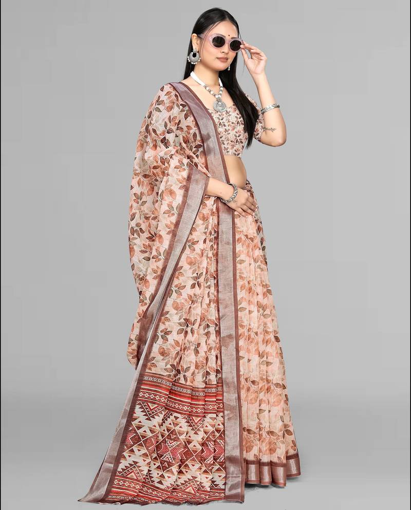 beige  linen  digital print saree (chicku)