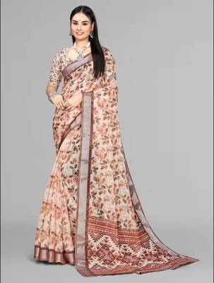 beige  linen  digital print saree (chicku) 3